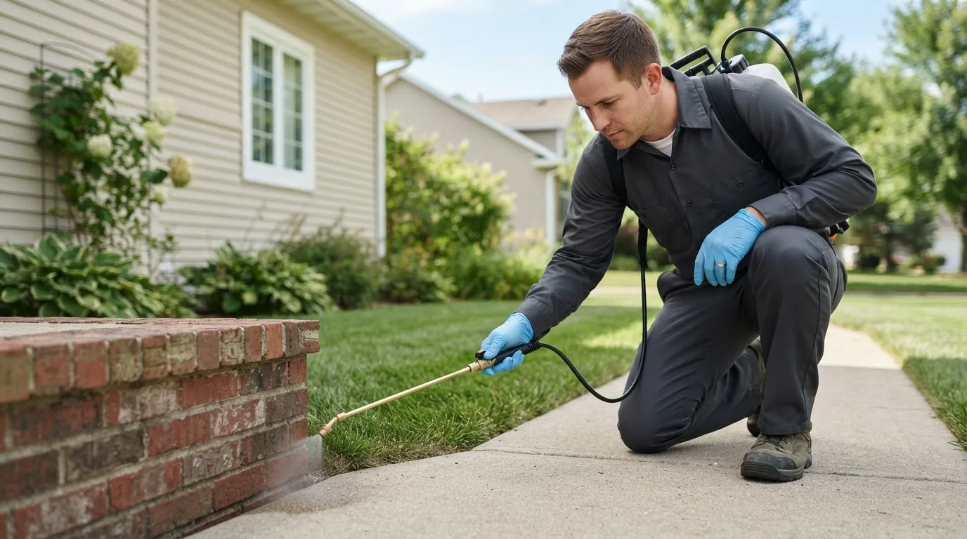 Pest control technician treating a home near Delcambre, LA